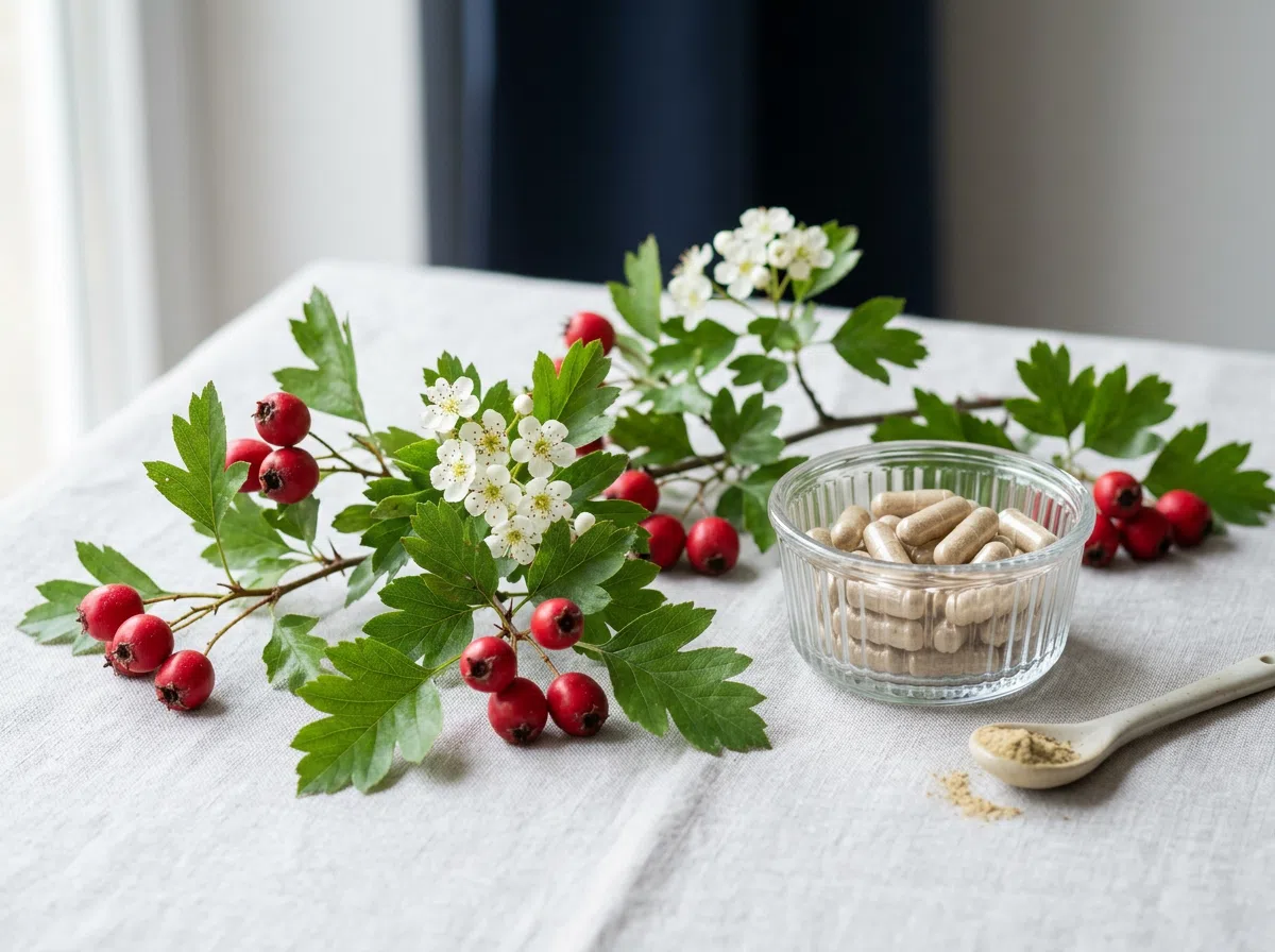 Hawthorn supplement for heart support - fresh hawthorn berries, flowers and leaves with capsules