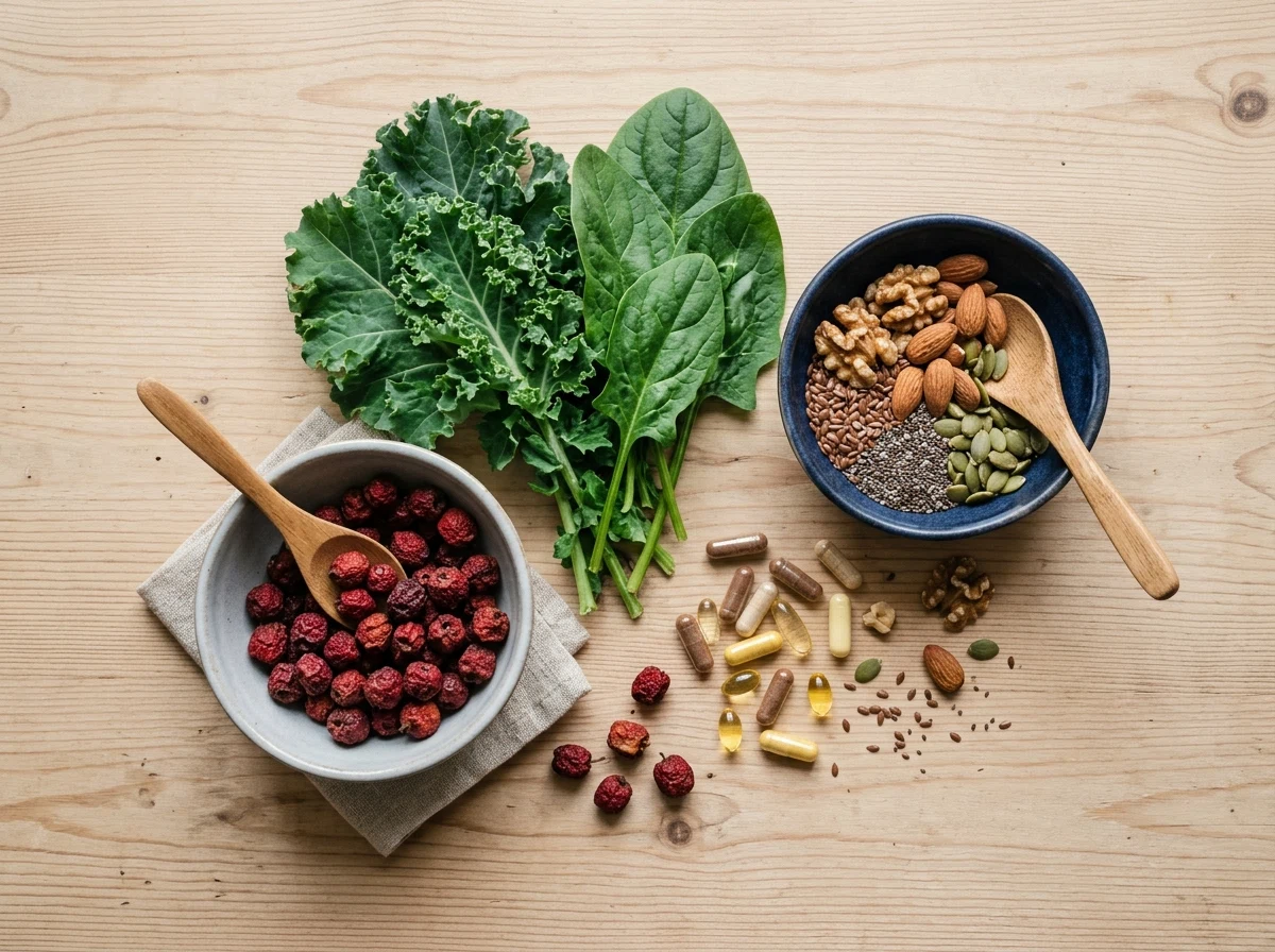 Coenzyme and hawthorn supplement for circulation shown as a flat lay of heart-healthy ingredients and capsules