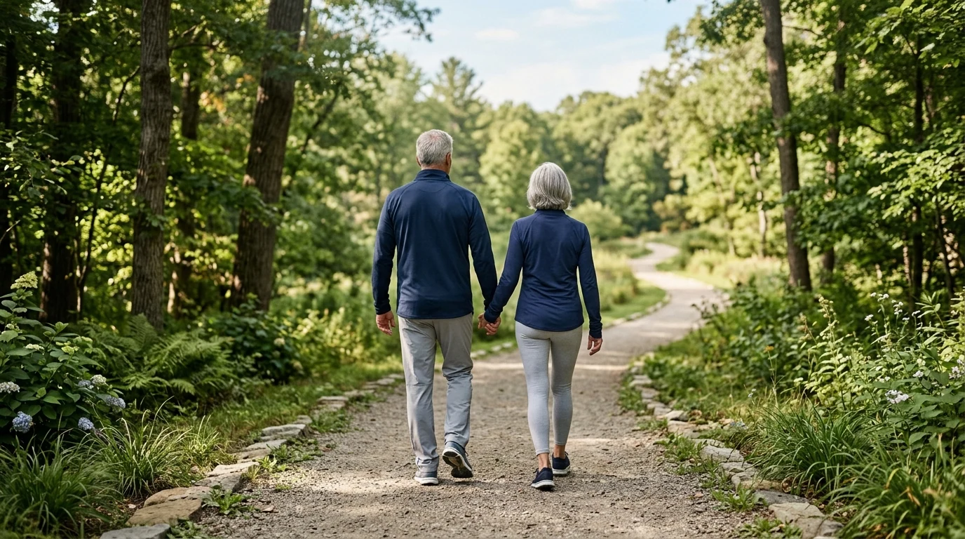 Healthy lifestyle habits for people over 50 - an anonymous active older couple walking outdoors seen from behind