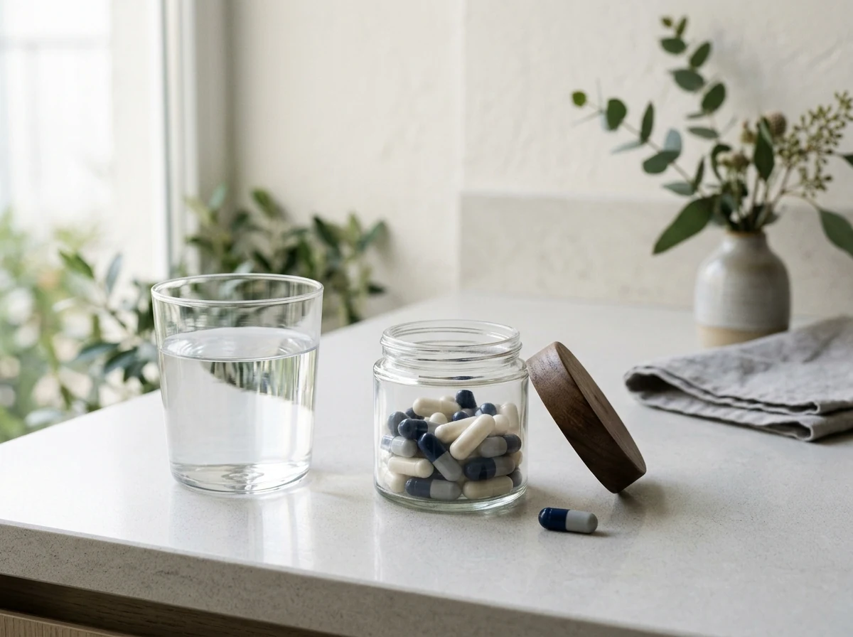 Daily heart wellness routine - a glass of water with an open supplement jar and one capsule